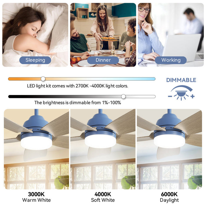Rita 42" 5-Blade Modern Dark BlueThree-Color Dimmable Ceiling Fan Light with Remote Control