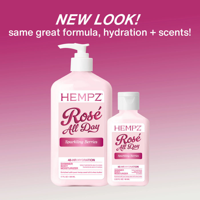 Hempz Rosé All Day bottles on a pink background with text about new look and formula.