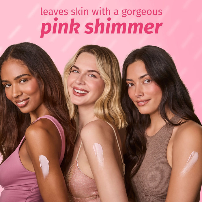 Three women with pink shimmer product on a pink background