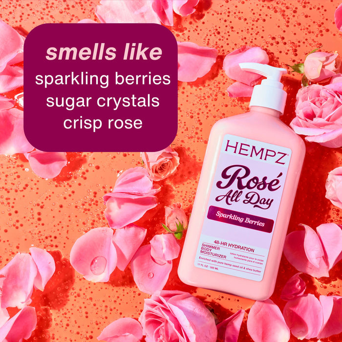 Hempz Rosé All Day body lotion bottle with pink flowers and description text on a red background