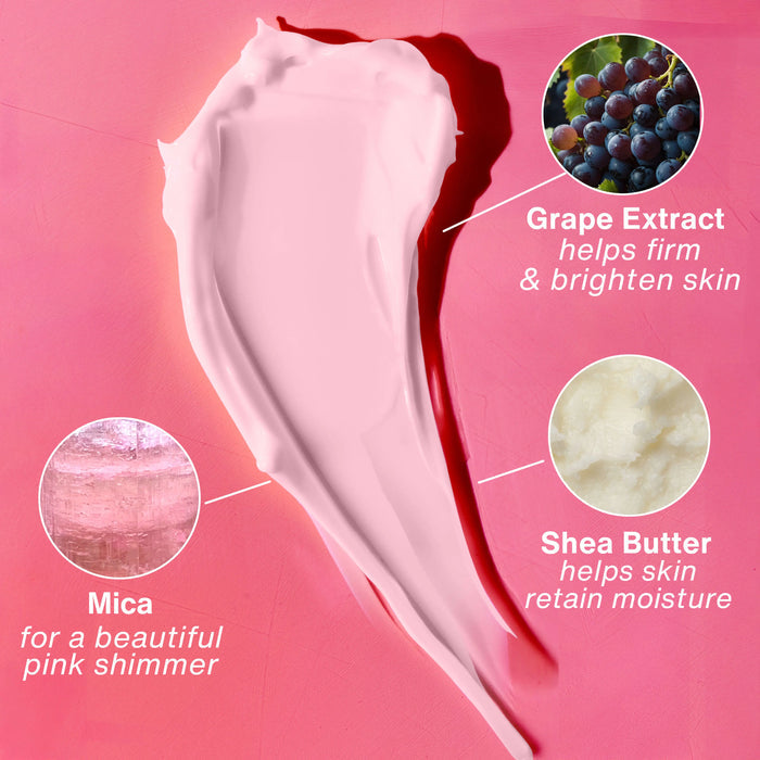 Pink  Rosé All Day lotion with grape extract, shea butter, and mica on a pink background