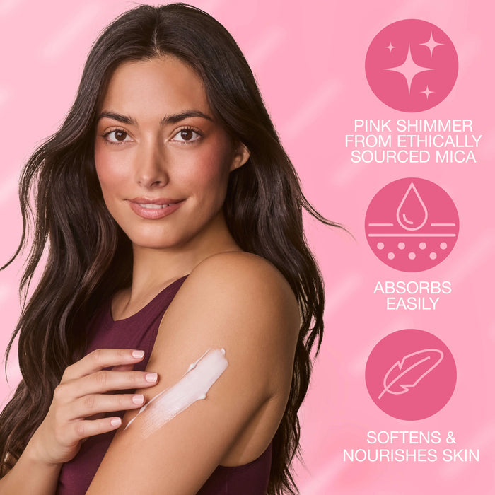 Woman applying  Rosé All Day lotion to her arm with pink background and product features.
