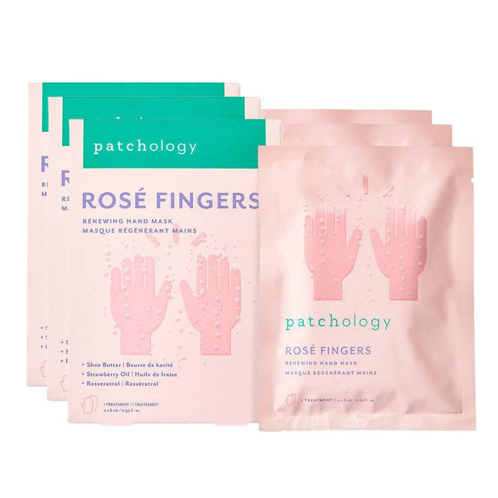 Patchology Rosé Fingers Renewing Hand Masks in soft pink sachets with teal branding.