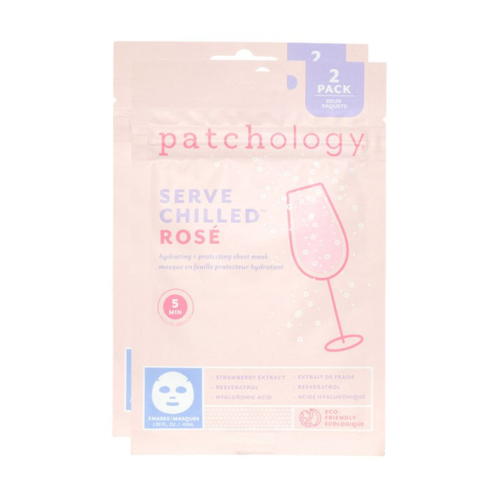 Patchology Serve Chilled Rosé sheet mask 2-pack in pale pink packaging for a hydrating, spa-like facial treatment.