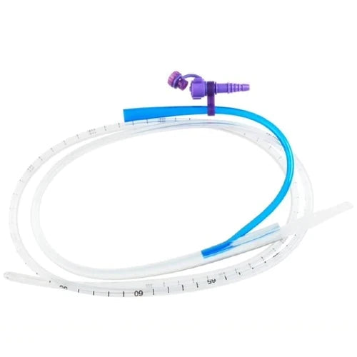 A clear, graduated tube with a blue inner lumen and purple connector lies coiled on a white background.