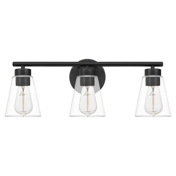 Three-light industrial-style wall sconce with clear glass shades on a white background