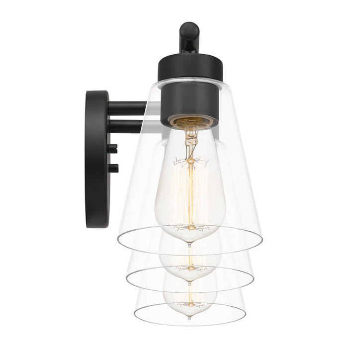 Wall-mounted light fixture with black finish and clear glass shades on a white background