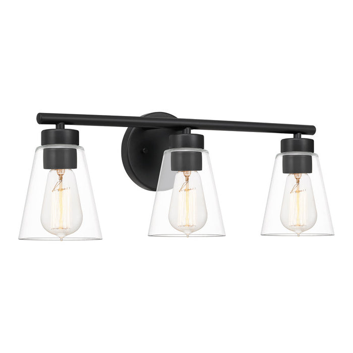 Three-light wall sconce with black finish and clear glass shades on a white background