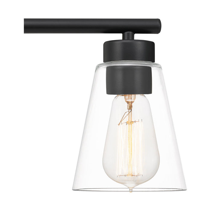 Ceiling light fixture with black finish and clear glass shade on a white background