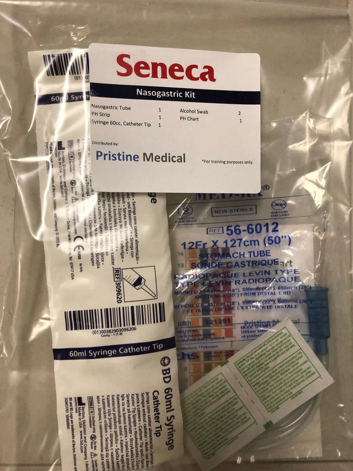 A "Seneca Nasogastric Kit" floats inside of a clear plastic bag, including a syringe catheter tip, a stomach tube, alcohol swabs, and a pH chart, distributed by Pristine Medical.