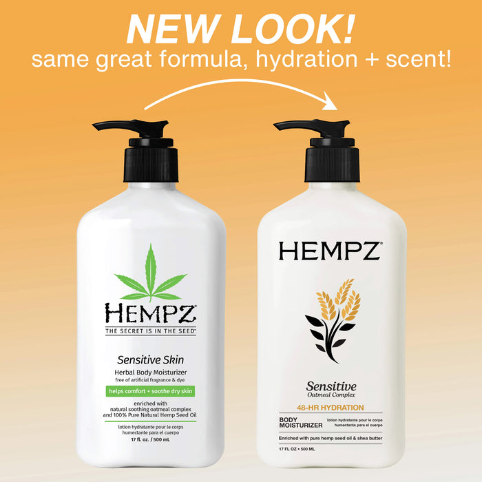 Two Hempz Sensitive Skin moisturizer bottles with a yellow gradient background and text about new look