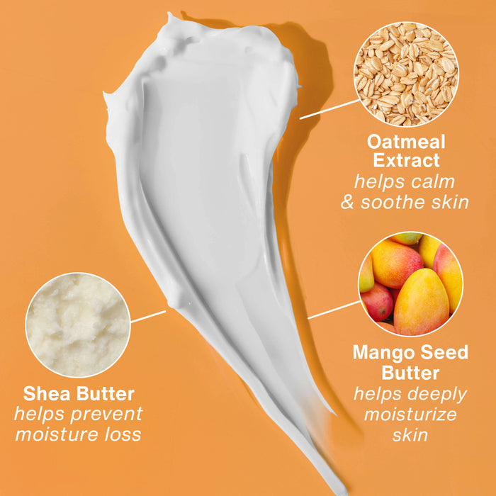 White cream with text and images of ingredients on an orange background