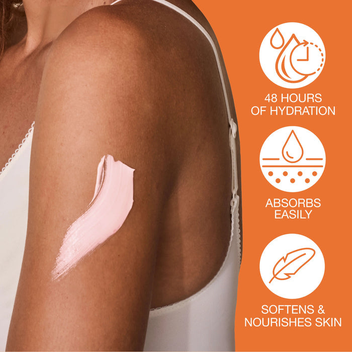 Woman applying sunscreen to her arm with product features listed on an orange background