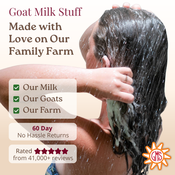 Person washing hair with text about goat milk product made on a family farm.