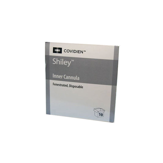 A box containing ten fenestrated, disposable Shiley Inner Cannulas sits on a white surface. The box is labeled with the Covidien and Shiley trademarks.