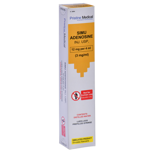 A simulated adenosine injection, packaged in a box, is for educational purposes only. The box displays the product name, concentration (12mg per 4ml, 3mg/ml), contents, and a warning against human use.