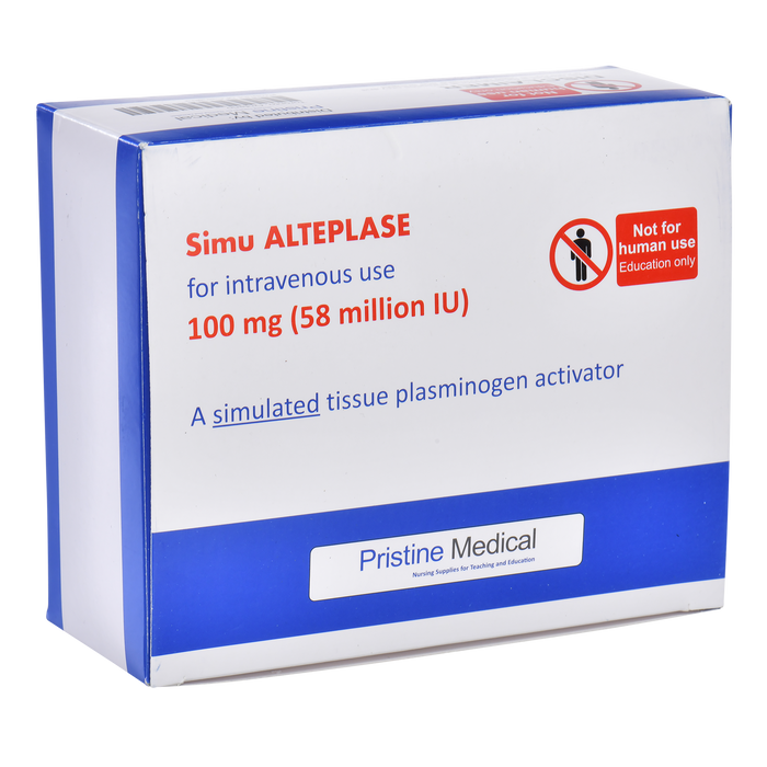 A simulated tissue plasminogen activator box sits on a surface. It's labeled "Simu ALTEPLASE," for intravenous use, 100 mg (58 million IU), and states "Not for human use, Education only." Pristine Medical is the supplier.
