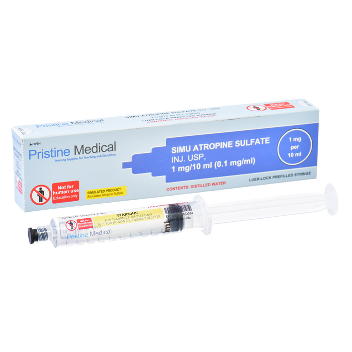 A pre-filled syringe containing simulated atropine sulfate rests beside its box. The syringe is for educational purposes only; the box specifies this and lists contents as distilled water.