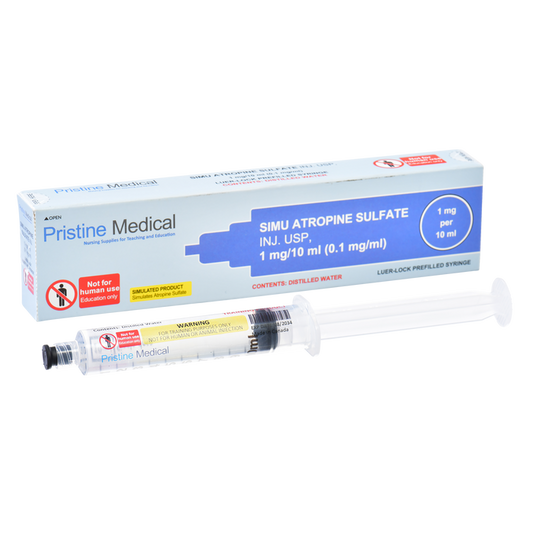 A pre-filled syringe containing simulated atropine sulfate rests beside its box. The syringe is for educational purposes only; the box specifies this and lists contents as distilled water.
