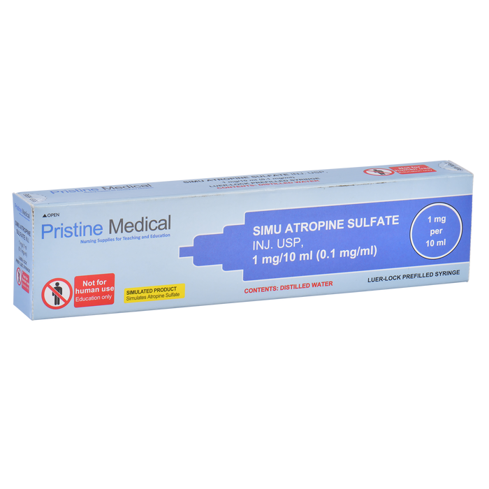 A box containing a simulated atropine sulfate injection, intended for educational purposes, sits on an unseen surface. The box displays warnings about its non-human use. "SIMU ATROPINE SULFATE INJ. USP, 1 mg/10 ml (0.1 mg/ml)" is printed on the box.