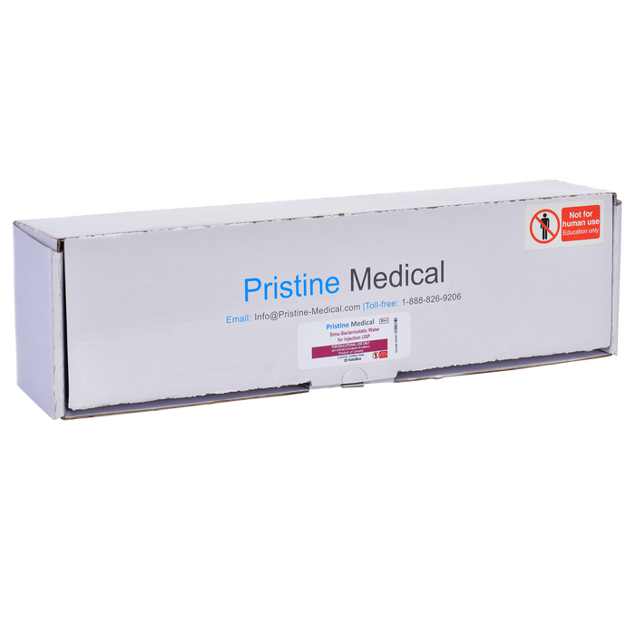 A Pristine Medical box containing Simu-Bacteriostatic Water for Injection USP sits on a surface. It is labeled "Not for human use. Education only." Contact information is also printed on the box.