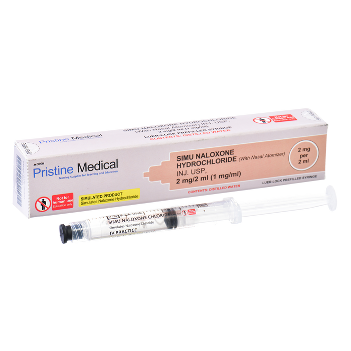 A prefilled syringe containing simulated naloxone hydrochloride rests next to its packaging. The syringe is for IV practice; the box labels it as a simulated product, not for human use.