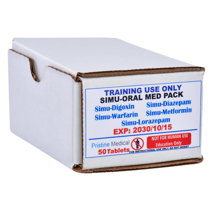 A cardboard box containing 50 simulated oral medications sits on a black background. The box is labeled "Training Use Only Simu-Oral Med Pack," listing several simulated drugs and an expiration date of 2030/10/15. It explicitly states "Not for human use, Education Only."