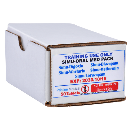 A rectangular cardboard box contains 50 simulated oral medications for training purposes; it displays an expiration date of 2030/10/15 and a warning against human ingestion.