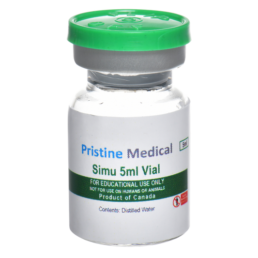 A 5ml glass vial sits on a plain background. It contains distilled water and is labeled “Pristine Medical Simu 5ml Vial,” specifying educational use only and Canadian origin.