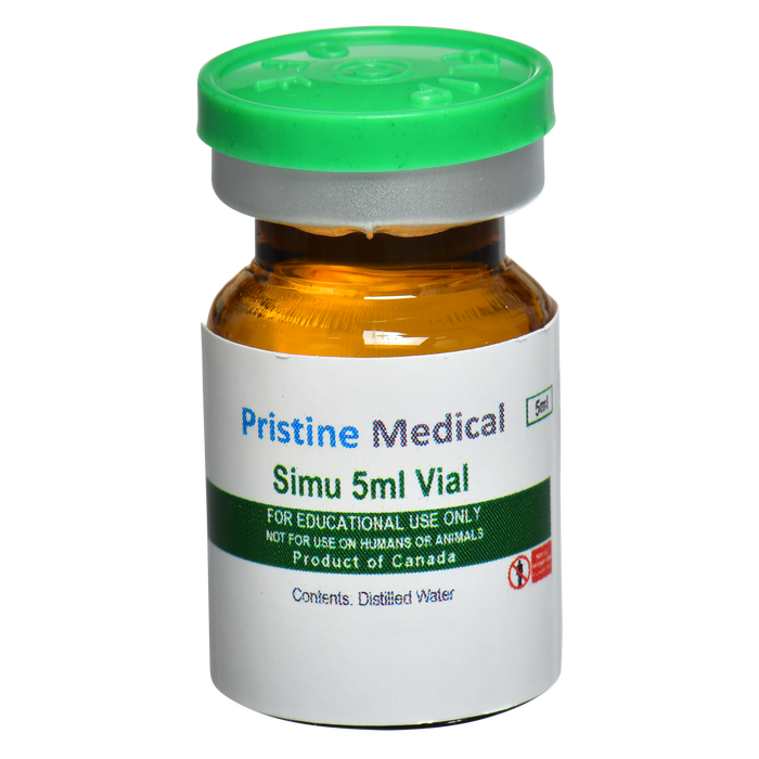 A 5ml amber glass vial, labeled “Pristine Medical Simu 5ml Vial,” sits upright. The vial contains distilled water and is designated for educational use only.