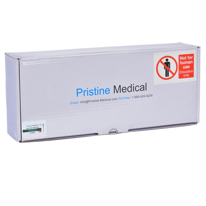 A Pristine Medical box sits on an unseen surface. It displays contact information and a warning label: "Not for human use. Education only."