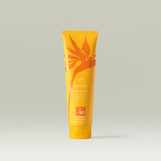 Tropic Skin Shade Sun Cream SPF 50 tube with vitamin-rich botanicals for high protection and water-resistant sun care.