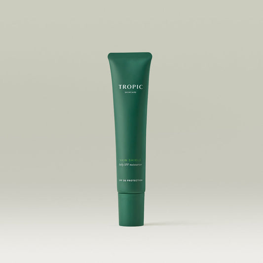 Tropic Skin Shield daily SPF moisturiser tube on neutral background.