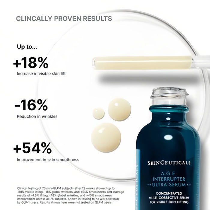 SkinCeuticals A.G.E. Interrupter Ultra Serum bottle with clinically proven lift, wrinkle and smoothness results