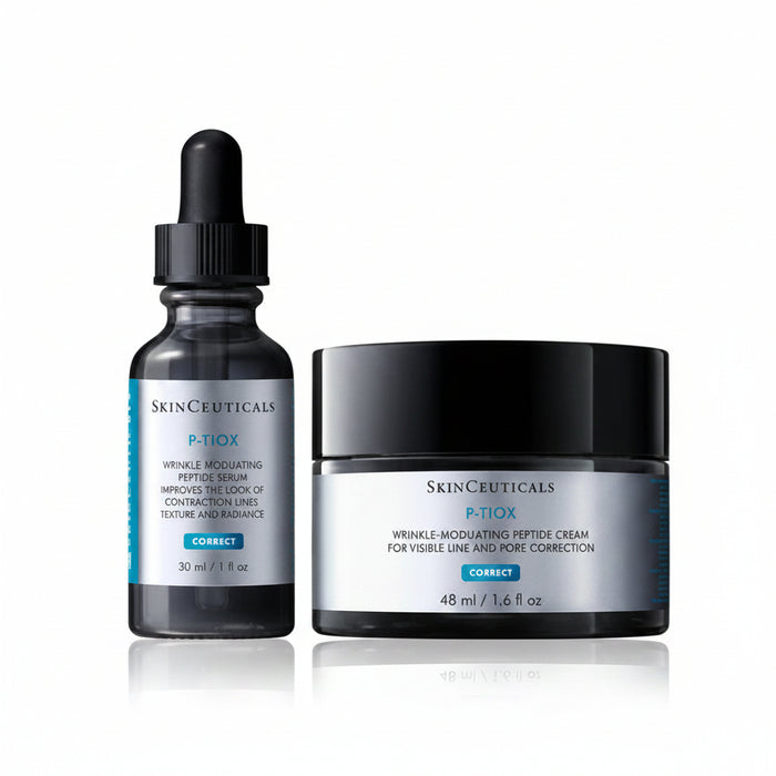 SkinCeuticals P-TIOX anti-wrinkle serum and cream duo on white background