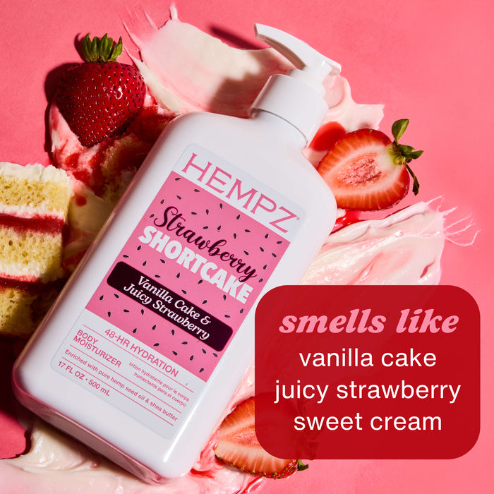Hempz Strawberry Shortcake Moisturizing Body Lotion on cake with scent notes