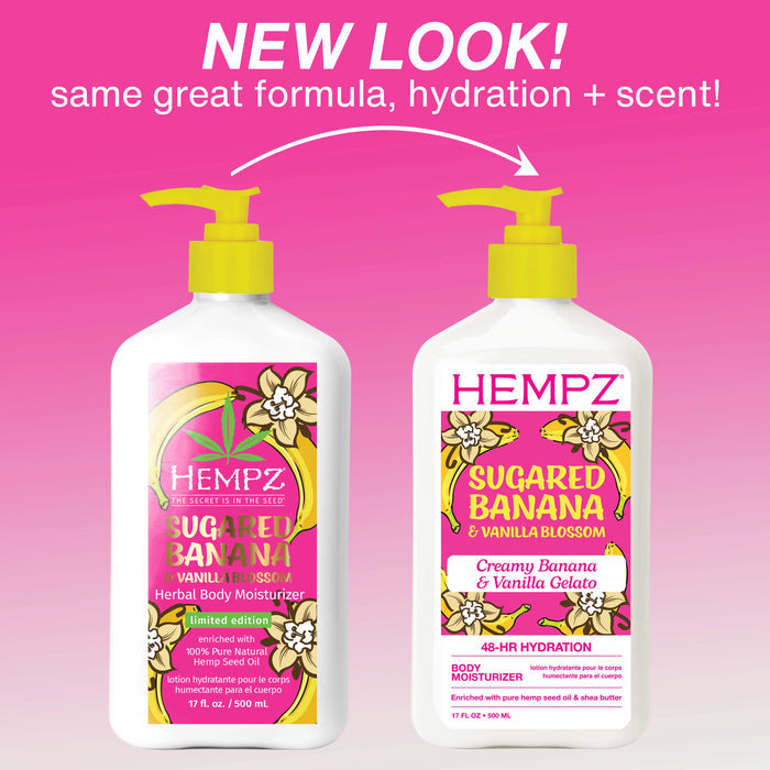Two Hempz Sugared Banana & Vanilla Blossom body moisturizers on a pink background with text about new look and formula.