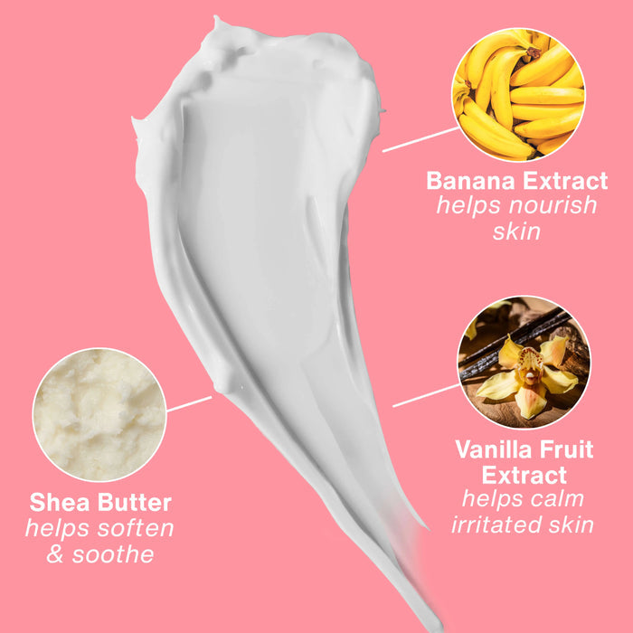 White cream with banana extract, shea butter, and vanilla fruit extract on a pink background