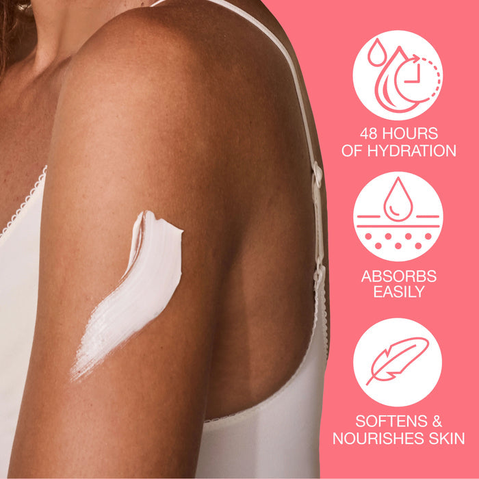 Woman's arm with a skincare product application on a pink background with product features listed