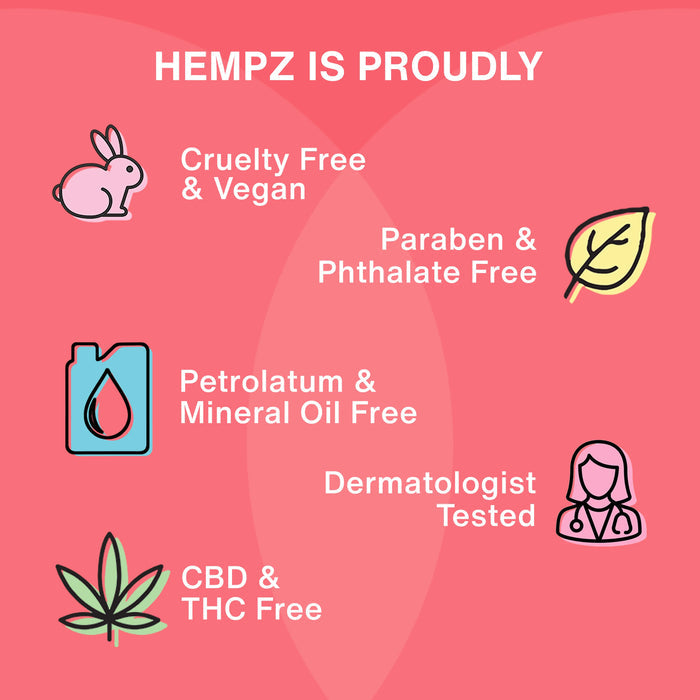 Hempz product information on a pink background with icons and text