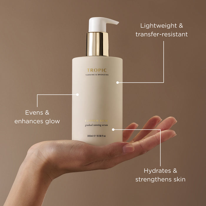 Summer Skin gradual tanning serum with callouts highlighting glow-enhancing, lightweight, transfer-resistant, and skin-hydrating benefits.
