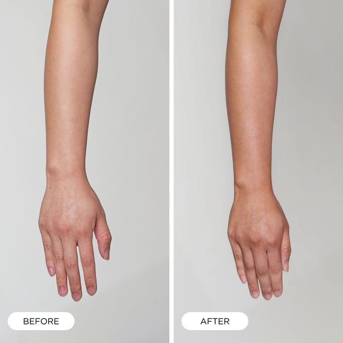 Before-and-after hand results showing natural-looking tanning effect.
