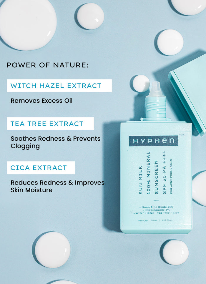 Hyphen Sun milk 100% mineral sunscreen SPF 50 PA++++ - skin concern targeting infographic
