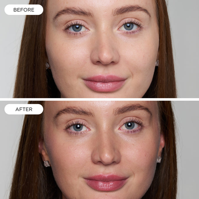 Before and after images showing a model with a subtle sun-kissed glow after using Tropic Sun Spritz.