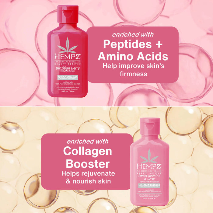 Two Hempz Beauty Actives travel size skincare products with active ingredients text on a pink and gold background