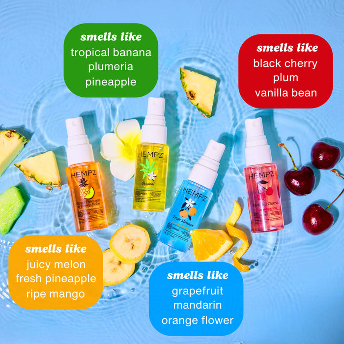 Hempz Sweet Hydration Mini Body Moisturizer Spray Kit with fruity & fun scents photographed on water with scent notes