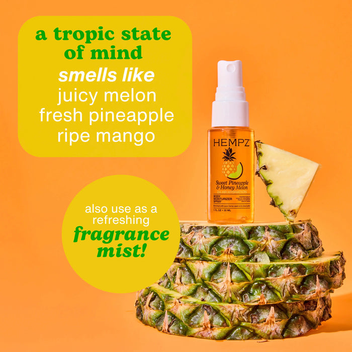 Hempz Sweet Pineapple & Honey Melon Body Moisturizer Spray bottle on a pineapple with text about tropical scents