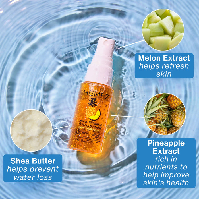 Hempz Sweet Pineapple & Honey Melon Moisturizing Body Fragrance Spray with ingredient callouts on a water background