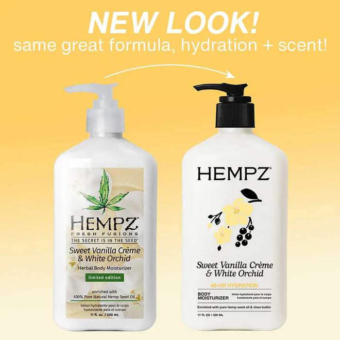 Two Hempz body moisturizer bottles on a yellow background with text about new look and formula.