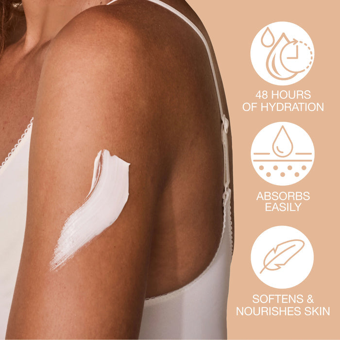 Woman applying lotion to her arm with product features on a beige background